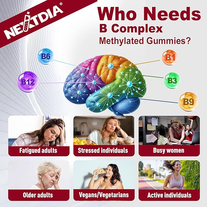 Brain & Mood Support Gummies, Super Vitamin B Complex for Men & Women, All B Vitamin B1 B2 B3 B5 B6 B7 B9 MethyB12 with PABA, Inositol, Choline, Supports MTHFR Gene & Energy, Vegan, 120Ct