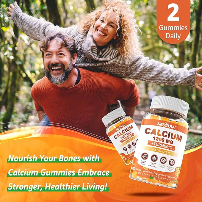 Calcium Gummies with Turmeric for Women & Men - Calcium 1200mg with Vitamin D3 K2 B12 5000 IU & Zinc, Suger-Free Calcium Supplements for Bone, Muscle & Immune Support - Vegan(120 Count)