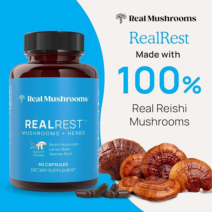 Real Mushrooms RealRest 60ct Reishi Mushroom Capsules for Relaxation - Organic with Lemon Balm Herb Sleep Support Supplement Complex Rest Immune