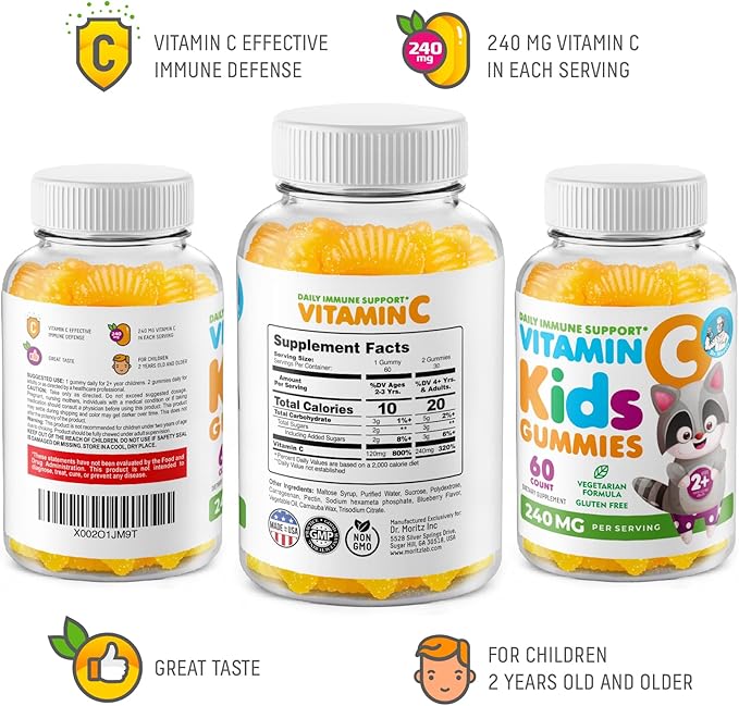 DR. MORITZ Vitamin C Gummies for Kids & Adults 240 mg - Immune Support Low-Sugar Chewable Vitamins for Toddlers - Vegetarian Gelatin-Free Children's Dietary Supplement (Citrus Flavor) (120 Count)