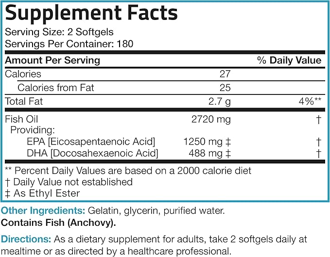 Bronson Omega 3 Fish Oil Triple Strength 2720 mg, High EPA 1250 mg DHA 488 mg, Non-GMO Heavy Metal Tested, 360 Softgels