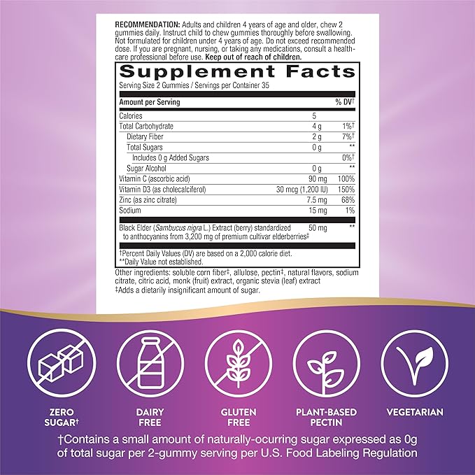 Nature's Way Sambucus Zero Sugar Immune Gummies, Daily Immune Support*, Black Elderberry Extract, Vitamin C, Vitamin D3, Zinc, Sugar Free, Sugar Alcohol Free, Plant-Based Sweeteners, 70 Gummies