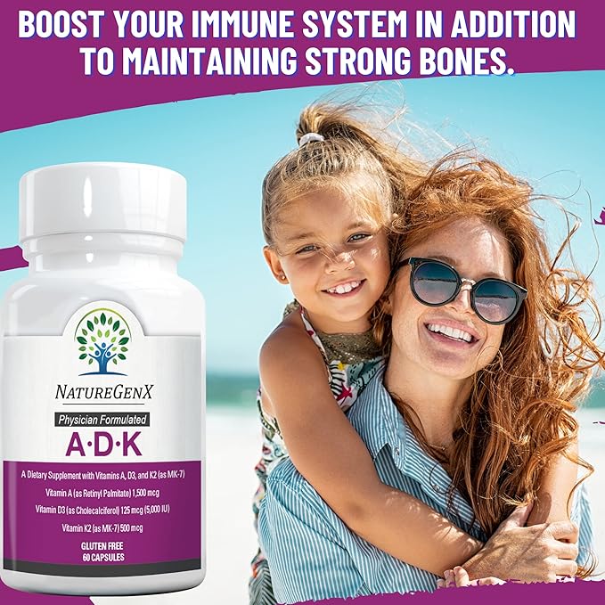 ADK Vitamin Supplement 5000 IU - High Potency Vitamins A, D3, and K2 for Bone Health and Calcium Absorption | Gluten-Free Vitamin ADK Supplement, 60 Day Supply, 60 Capsules