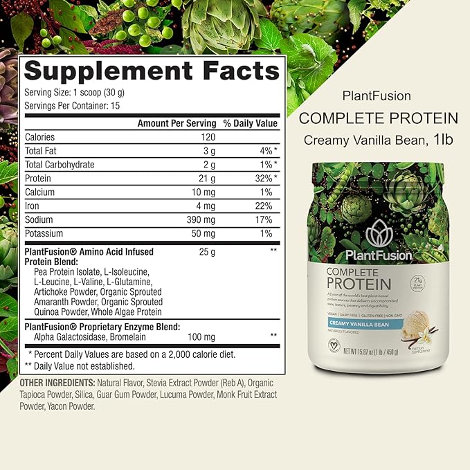 PlantFusion Complete Vegan Protein Powder - Plant Based Protein Powder With BCAAs, Digestive Enzymes and Pea Protein - Keto, Gluten Free, Soy Free, Non-Dairy, No Sugar, Non-GMO - Vanilla Bean 1 lb