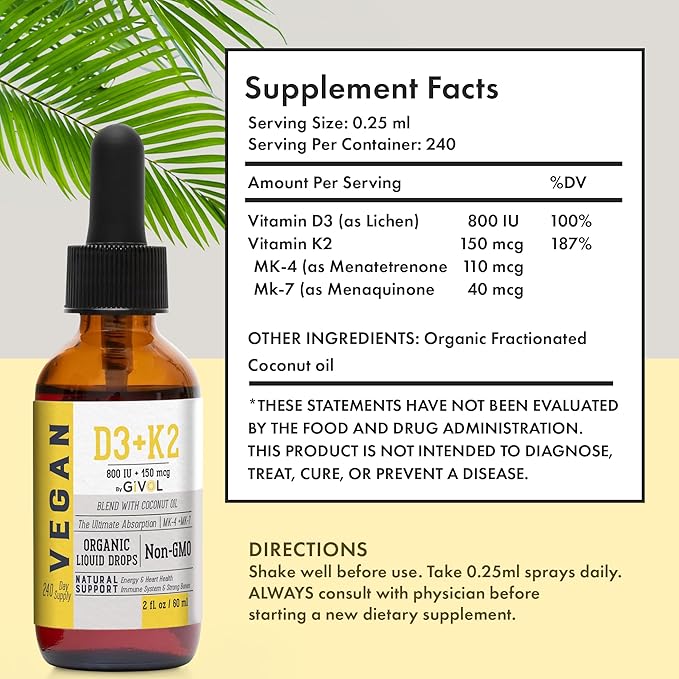Vitamin D3 + K2 Liquid Drops (MK4 & MK7) Organic Fractionated Coconut Oil, Plant-Based, Gluten-Free, Dairy-Free, Soy-Free, Nut-Free - High Potency, Derived from Lichen & Natto, 2oz 240 Days Supply