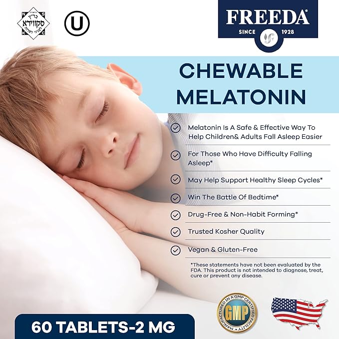 FREEDA Melatonin 2mg Sugar-Free Chewables – Natural Sleep Aid for Adults & Kids – Vegan, Kosher, Gluten-Free, Non-GMO, Easy Bedtime Support – 120 Tablets