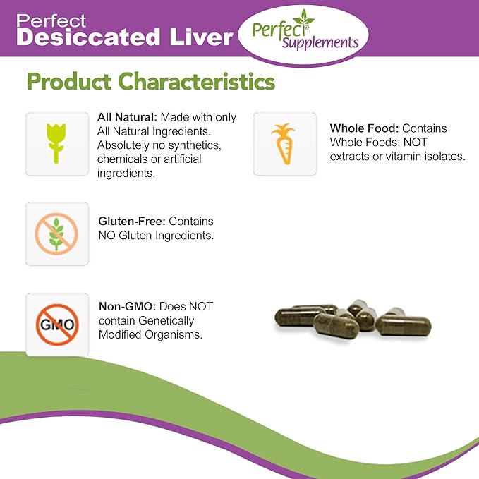 Perfect Supplements – Perfect Desiccated Liver – 120 Capsules – Undefatted Beef Liver – Natural Source of Protein, Iron, Vitamins A & B – 2 Pack