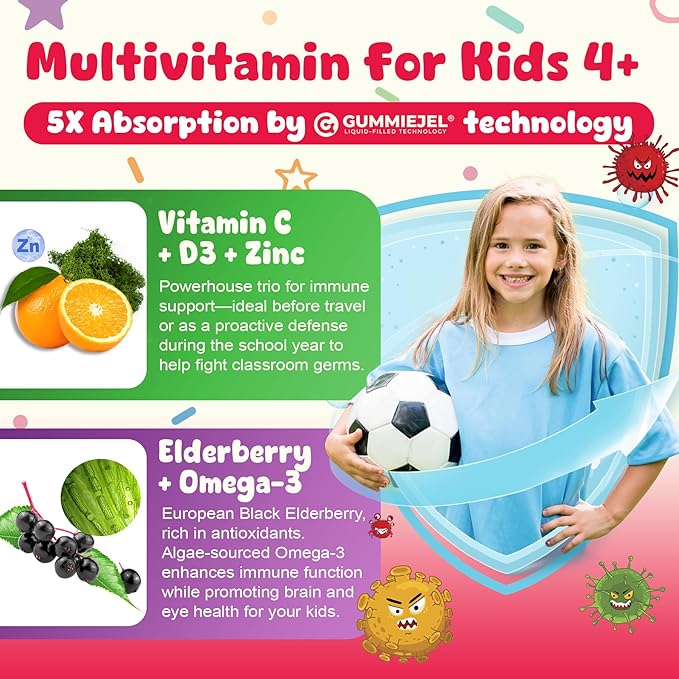 Kids Multivitamin + Immune Support Gummies, Vitamin C D3 & Zinc, Omega-3, Vitamin A, E, Elderberry, Kids Vitamin Gummies for Healthy Development, Immunity, Bone Growth & Eye Health, Sugar Free, 60 Cts