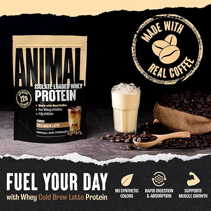 Animal Whey Protein Coffee Powder, Loaded with 22g of Protein, 100mg of Caffeine, and BCAAs for Pre & Post Workout Muscle Builder Recovery with Digestive Enzymes for Men & Women, Cold Brew Latte, 1 lb