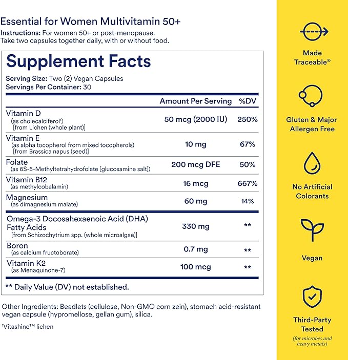 Ritual Multivitamin for Women 50+, Menopause Supplements with Vitamin D3, K2 and Magnesium for Bone Support*, Omega-3 DHA, Vitamin B12, Non-GMO, Mint Essenced, 30 Day Supply, 60 Vegan Capsules