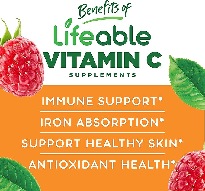 Lifeable Vitamin C - Great Tasting Natural Flavor Gummy Supplement - Vegetarian GMO-Free Chewable Vitamins - for Immune Support - 90 Gummies (1050 mg)