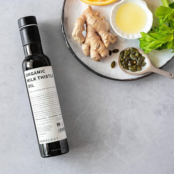 Erbology Organic Milk Thistle Oil 8.5 fl oz - Cold-Pressed - High in Vitamin E - Detoxifying - Straight from Farm - Non GMO - No Additives or Preservatives - Recyclable Glass Bottle