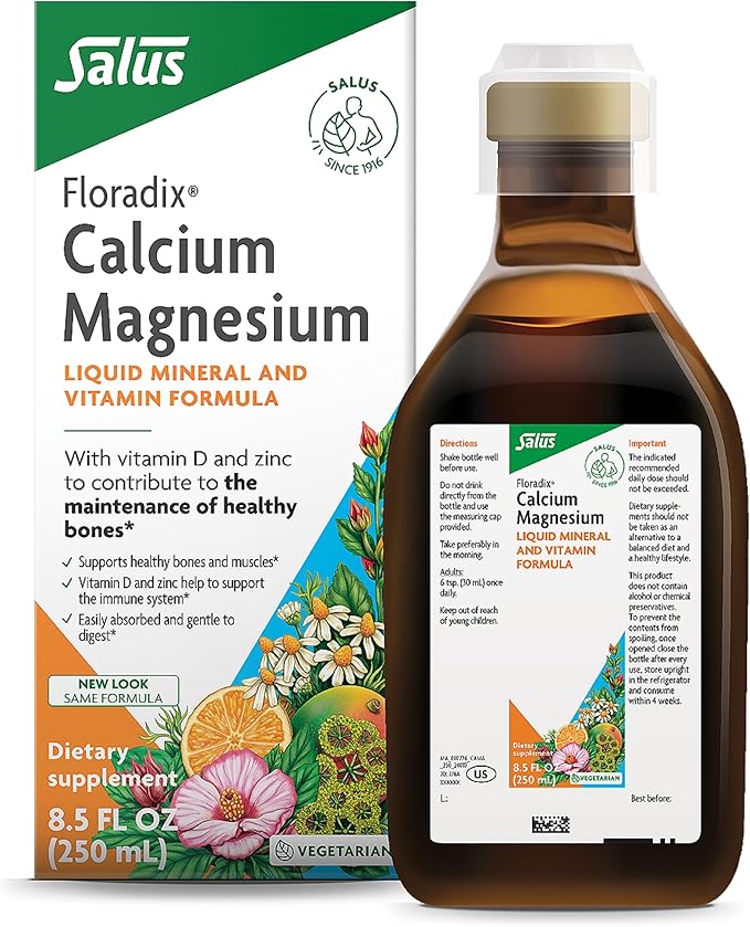 Floradix Calcium Magnesium Liquid Herbal & Mineral Supplement - Bone Support Supplement with Calcium, Magnesium, Vitamin D & Zinc - Vegetarian, Non-GMO - 8.5 fl oz