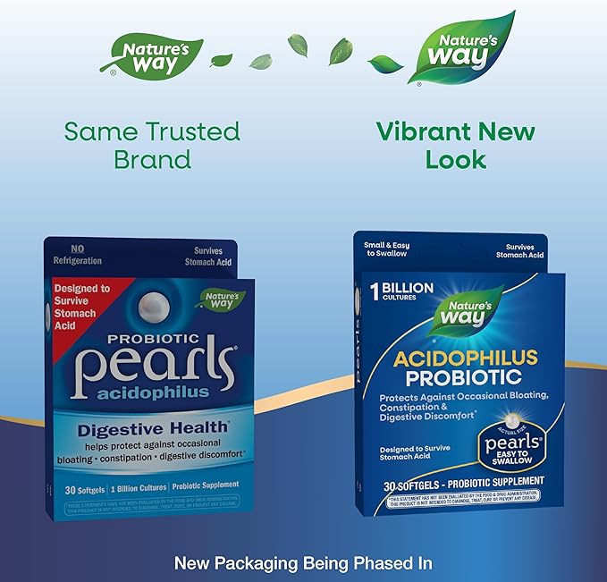 Nature's Way Acidophilus Probiotic Pearls, Supports Digestive Balance and Gut Health*, Protects Against Occasional Constipation and Bloating*, 1 Billion Live Cultures, 30 Softgels (Packaging May Vary)