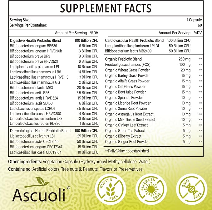 Ascuoli Probiotics for Women & Men - 300 Billion CFU, 22 Strains Probiotics + 15 Organic Herbs Blend, Daily Probiotics for Digestive Health, Immune, Gut, Bloating - 60 Capsule