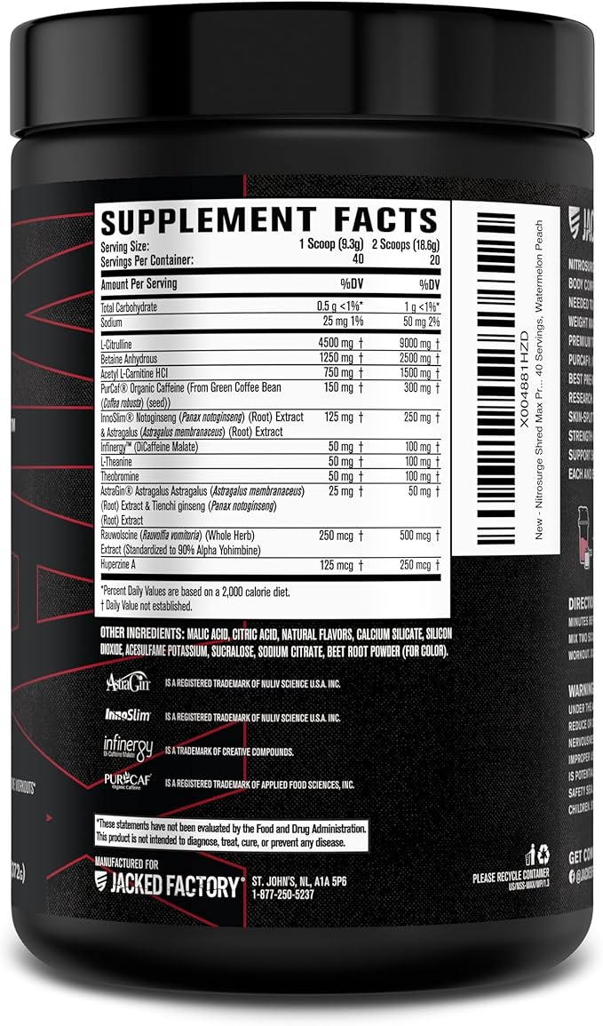 Jacked Factory Nitrosurge Shred Max Preworkout - High-Performance Thermogenic Pre Workout Powder for Men and Women - L Citrulline, Acetyl L Carnitine, Organic Caffeine - 40 Servings, Watermelon Peach