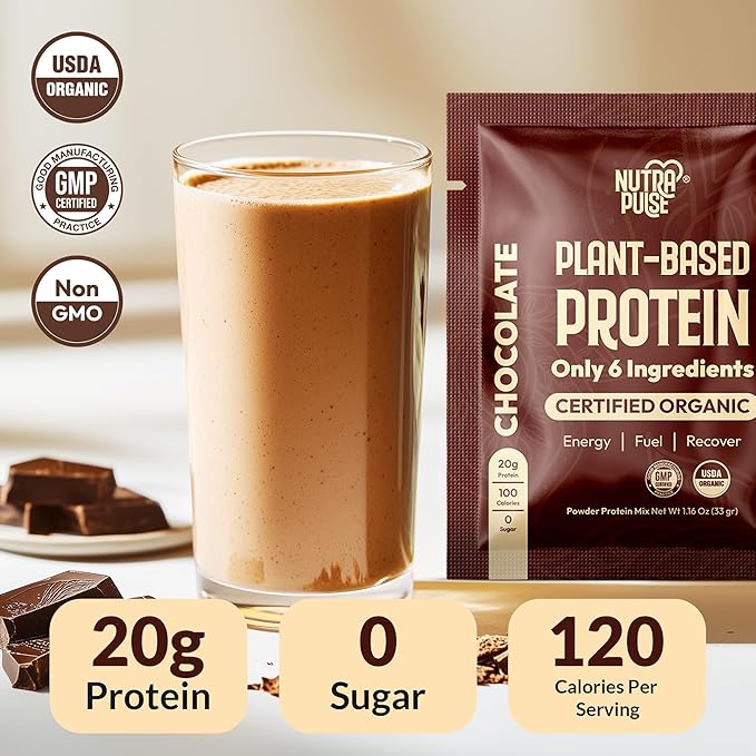 Organic Vegan Protein Powder Sample Pack – Chocolate Flavor – Plant-Based, Gluten-Free, Non-GMO, Dairy-Free – 20g Protein Per Serving – Ideal for Smoothies & Shakes – 24 Count