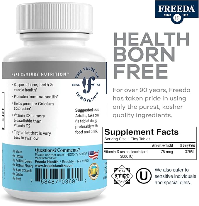 FREEDA Vitamin D3-3000 IU - Pure High Potency Kosher Supplement Tablets - Bone and Muscle Health, Calcium Absorption, Immune Support for Men and Women* - 100 Tiny Tablets