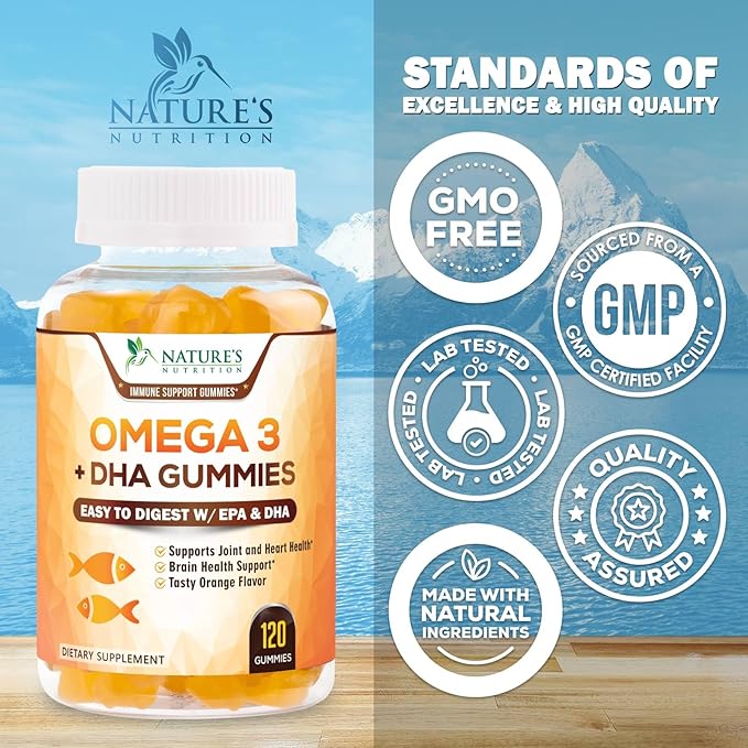 Omega 3 Fish Oil Gummies, Heart Healthy Omega 3 Gummy Supplement with High Absorption DHA & EPA, Extra Strength Joint & Brain Support, Delicious Orange Flavor Fish Oil Nature's Vitamin - 120 Gummies