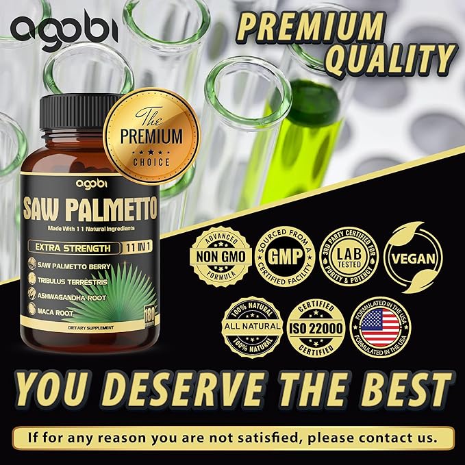 11in1 Saw Palmetto Capsules with Ashwagandha, Turmeric, Tribulus, Maca, Green Tea, Ginger, Holy Basil & More - Healthy Prostate & Hair Support - 180 Count 6-Month Supply