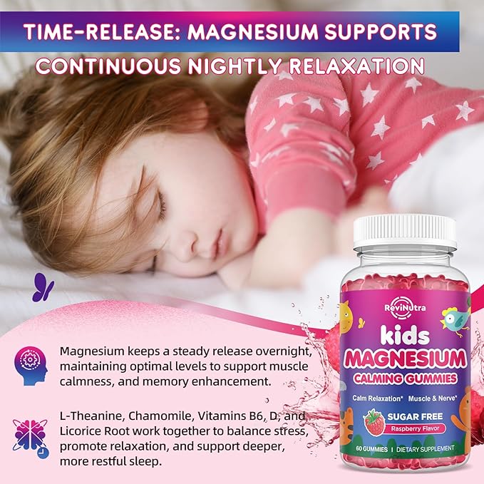 Kids Magnesium Gummies, Magnesium Glycinate, L-Threonate Gummies for Kids & Adults with L-Theanine, Chamomile, Licorice, Vitamin D, B6 for Sleep, Relaxation, Brain & Muscle, Sugar Free Raspberry 60ct