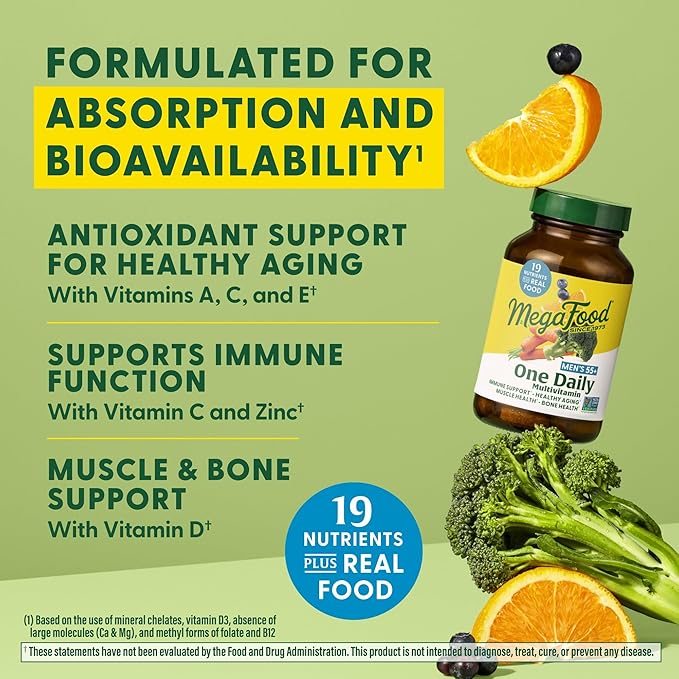 MegaFood Men's 55+ One Daily - Multivitamin for Men with Vitamin B12, C, D & Zinc - Optimal Aging & Immune Support Supplement - Vegetarian - Made Without 9 Food Allergens - 60 Tabs
