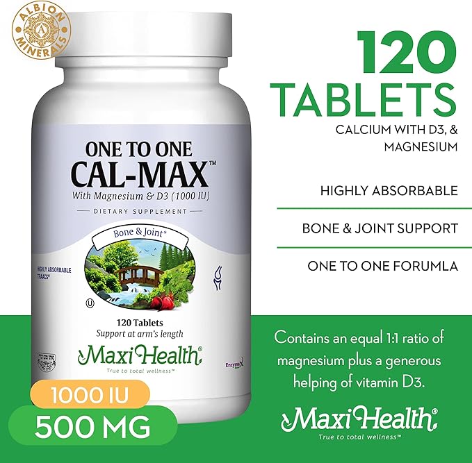 500 mg Calcium Supplement with Vitamin D3 (1000 IU) and Magnesium (500 mg) - Bone, Teeth and Joint Support for Men and Women - 120 Tablets - One to One Cal-Max by Maxi Health