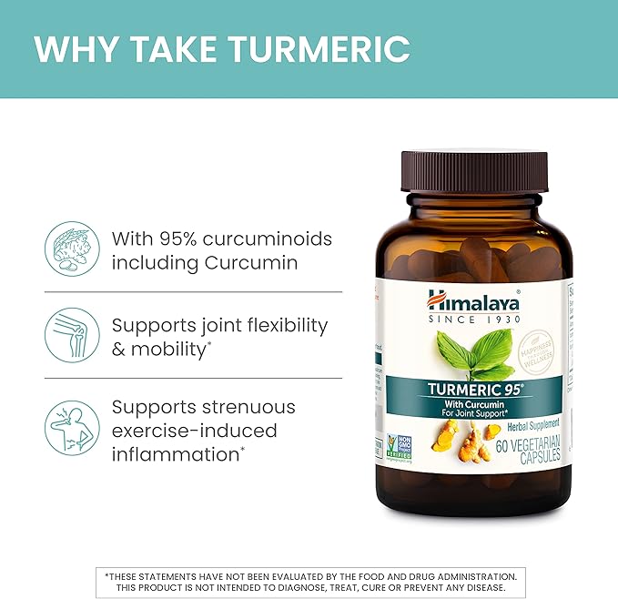 Himalaya Turmeric 95 Supplement with Curcumin/Curcuminoids, Joint and Muscle Support, Optimum Flexibility and Mobility, 600 mg, Non-GMO, Vegan, Gluten Free, 60 Capsules, 2 Pack, 60 Day Supply
