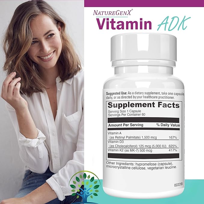 ADK Vitamin Supplement 5000 IU - High Potency Vitamins A, D3, and K2 for Bone Health and Calcium Absorption | Gluten-Free Vitamin ADK Supplement, 60 Day Supply, 60 Capsules