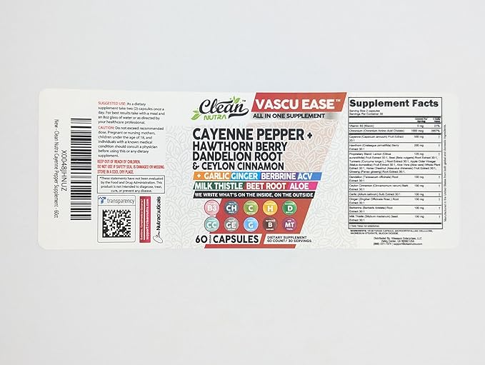 Clean Nutra Cayenne Pepper Capsules Supplement with Hawthorn Berry, Dandelion Root, Ceylon Cinnamon, Garlic, Ginger, Berberine, Apple Cider Vinegar, Milk Thistle, Beet Root, Aloe Vera Pills & More
