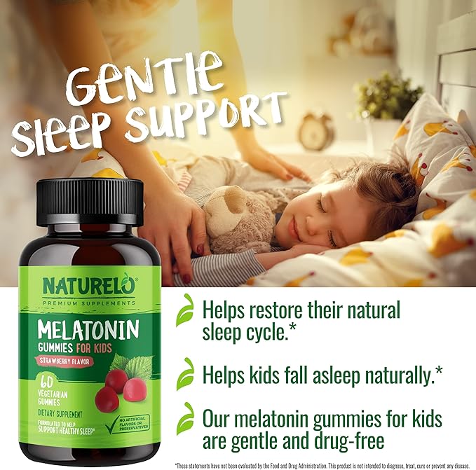 NATURELO Melatonin Gummies for Kids – Non-GMO, Gluten-Free, Soy Free - Strawberry Flavor - Gentle Sleep Supplement - 60 Vegetarian Gummies