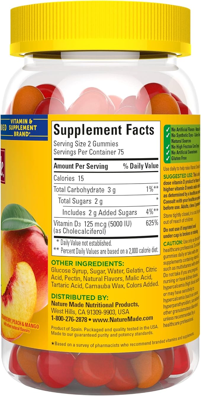 Nature Made Extra Strength Vitamin D3 5000 IU (125 mcg) per Serving, Dietary Supplement for Bone, Teeth, Muscle and Immune Health Support, 150 Gummies, 75 Day Supply (Pack of 2)