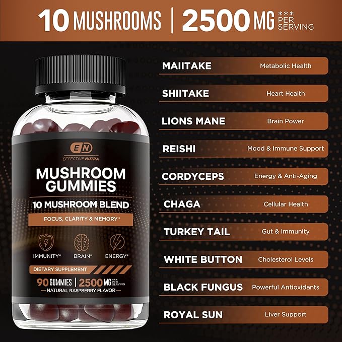 Mushroom Gummies 10 Blend - Mushroom Complex 2500mg - Mushroom Supplement for Men & Women - Brain Booster, Immune Support, Energy 90ct (2-Pack)