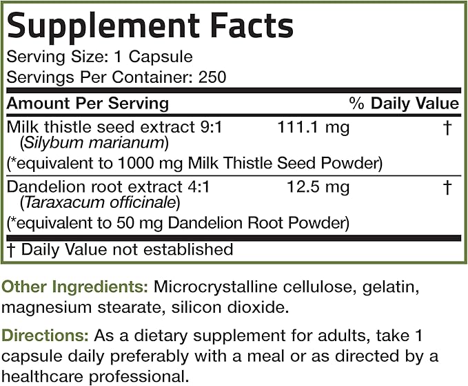 Bronson Milk Thistle Silymarin Marianum & Dandelion Root Liver Health Support, Antioxidant Support, Detox, 250 Capsules