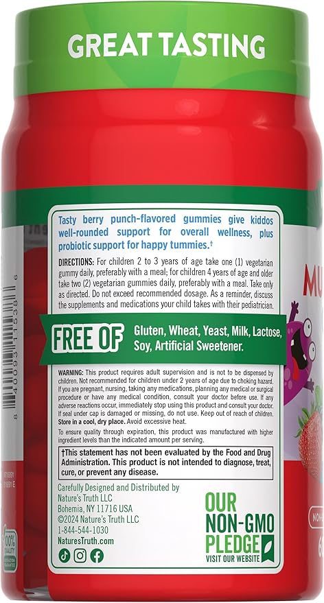 Nature's Truth Kids Multivitamin Gummies with Probiotics | 60 Count | Berry Punch Flavor | Vegetarian, Non-GMO, and Gluten Free Supplement
