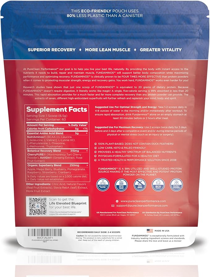 FundAminos Blend - 100% Organic & Vegan EAA & BCAA Powder for 400% Greater Lean Muscle, Faster Recovery & Strength Vs. Protein Powder - Clinically Tested Post Workout - Real Superfruits - 60 Servings