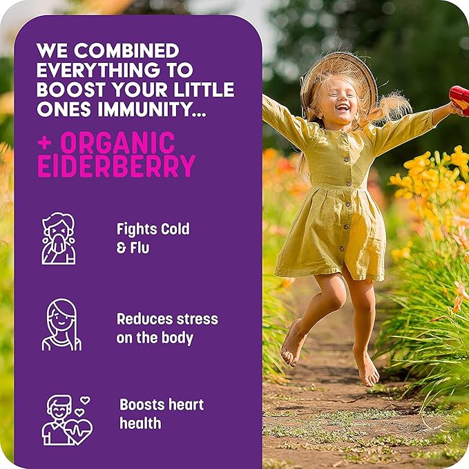Liquid Kids Multivitamin and Immune Support - Organic Elderberry Syrup | 31 Vegan Minerals & Multi Vitamins for Kids | 20 Fruit Extracts Toddlers | No Sugar NO Artificial Flavor 100% Vegetarian