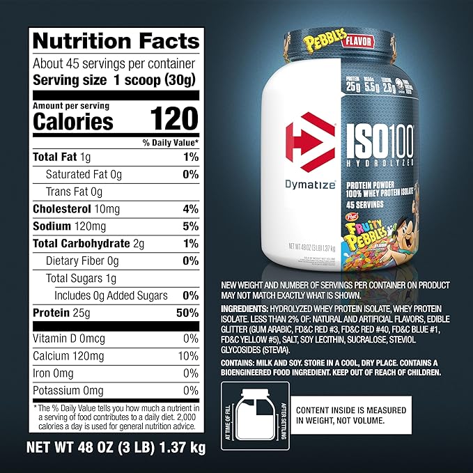 Dymatize ISO100 Hydrolyzed Protein Powder, 100% Whey Isolate, 25g of Protein, 5.5g BCAAs, Gluten Free, Fast Absorbing, Easy Digesting, Fruity Pebbles, 3 Pound