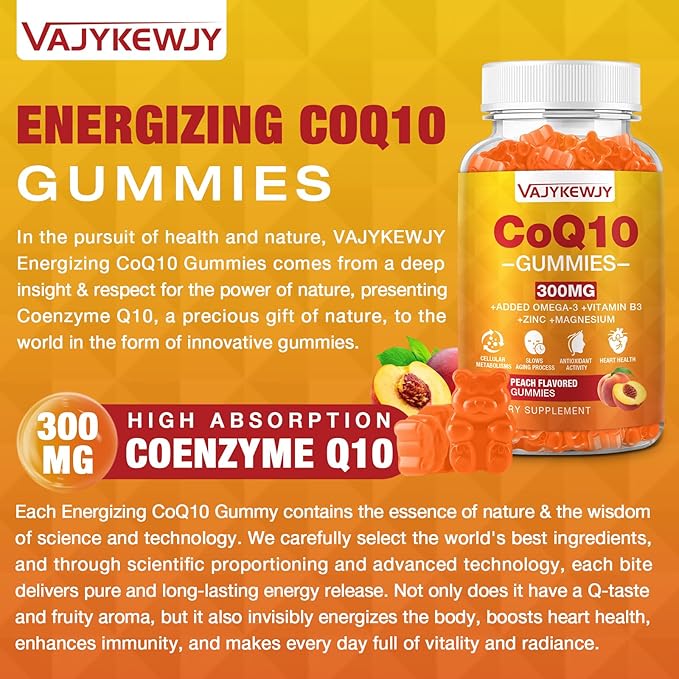 Sugar-Free CoQ10 Gummies 3000 mg - Plus Omega-3, Vitamin B3 & Zinc, High Absorption Coenzyme Q10 Supplements for Cellular Energy & Antioxidant Support, Vegan 60 Count