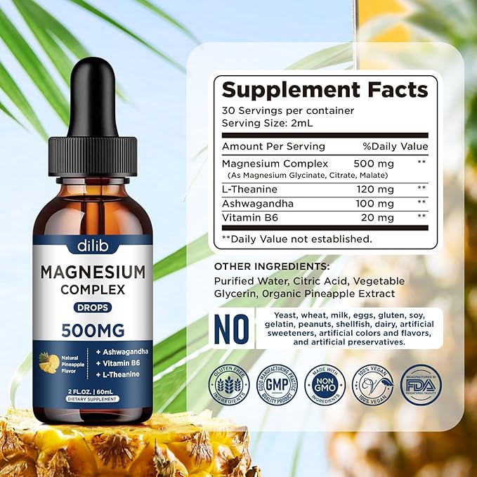 Triple Magnesium Complex Supplement-Magnesium Glycinate, Citrate, Malate Liquid Drops 500mg with Ashwagandha, L-Theanine, Vitamin B6 for Calm, Stress Relief, Sleep, Muscle Support-Pineapple Flavor
