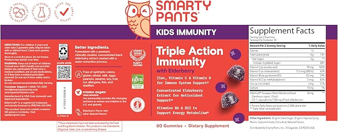 SmartyPants Kids Immunity Elderberry Gummies: Kids Immune Support Supplement, Vitamin C, Vitamin D, Vitamins B6 & B12 and Zinc, Gluten Free, Elderberry Flavor, 60 Count (30 Day Supply)