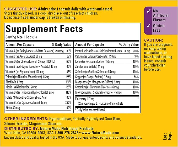 Nature Made Multi + Elderberry Capsules, Multivitamin for Daily Immune Support, One Per Day Multivitamin, 60 Count