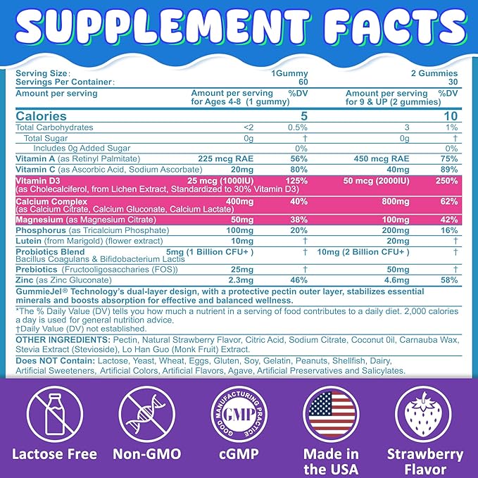 Kids Calcium Gummies + D3 & Magnesium for 4+, with Calcium Citrate Calcium Gluconate, Calcium Lactate, Probiotics & Prebiotics for Children Bone Health,Muscle Support,Digestive Health,Sugar Free 60Cts