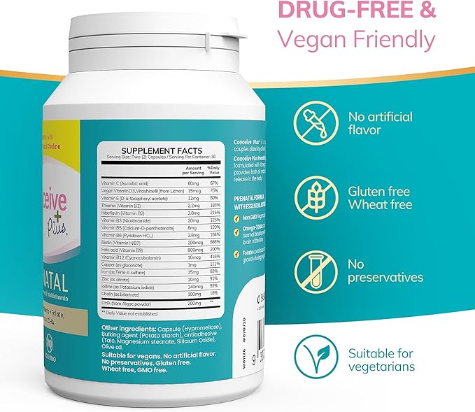 Conceive Plus Prenatal Vitamins for Women Supplement - Multivitamin With Folic Acid for Pregnancy Vegan, Choline, Iron - Pre Natal Vitamins DHA, Non GMO - Maternity Vitamin for Brain & Eye 60 Capsules