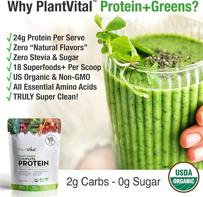 Plantvital Unflavored Organic Vegan Protein Powder - 18 Superfoods, Veggies and Probiotics - Organic Plant-Based Protein Powder - All BCAAβs, Gluten Free - 16oz (Pack of 2)
