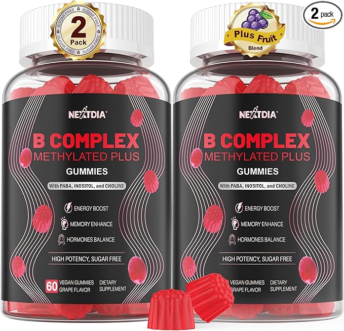 Brain & Mood Support Gummies, Super Vitamin B Complex for Men & Women, All B Vitamin B1 B2 B3 B5 B6 B7 B9 MethyB12 with PABA, Inositol, Choline, Supports MTHFR Gene & Energy, Vegan, 120Ct