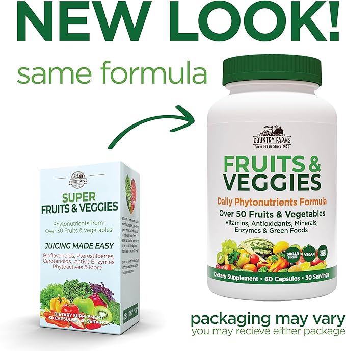 COUNTRY FARMS Super Fruits and Veggies Capsules, Whole Food Supplement, Powerful Antioxidant, Supports Energy, Immune Health, Boosts Digestive Health, 30 Super Foods, 30 Servings