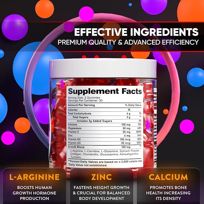 Height Growth Increase Gummies Vitamins, Grow Tall Supplement, Calcium, Magnesium, Zinc, Ashwagandha, Glucosamine Multivitamin for Teens, Kids, Adults