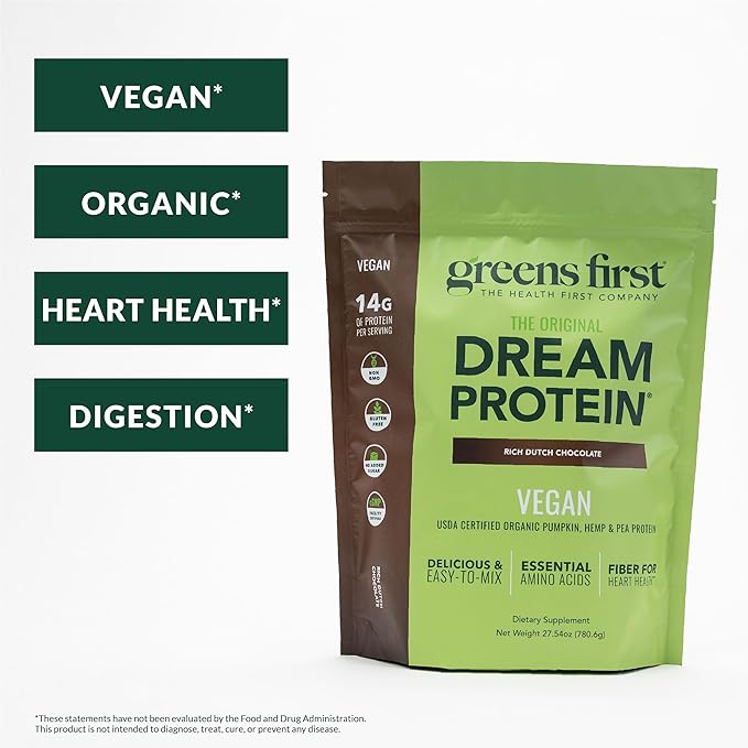 Greens First Dream Protein Plant-Based Vegan Powder - USDA Organic Pumpkin, Hemp & Pea Protein - Gluten-Free, Non-GMO, No Added Sugar (Rich Dutch Chocolate, 27.54 oz)