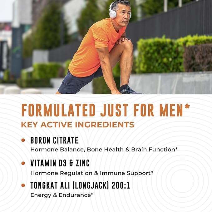 Boron Supplement For Men With Tongkat Ali - Boron 10mg, Vitamin D3, Zinc Picolinate 30mg, Longjack Tongkat Ali For Men - Boron Citrate For Men’s Health - Non GMO, Gluten Free, No Allergens - 30 ct